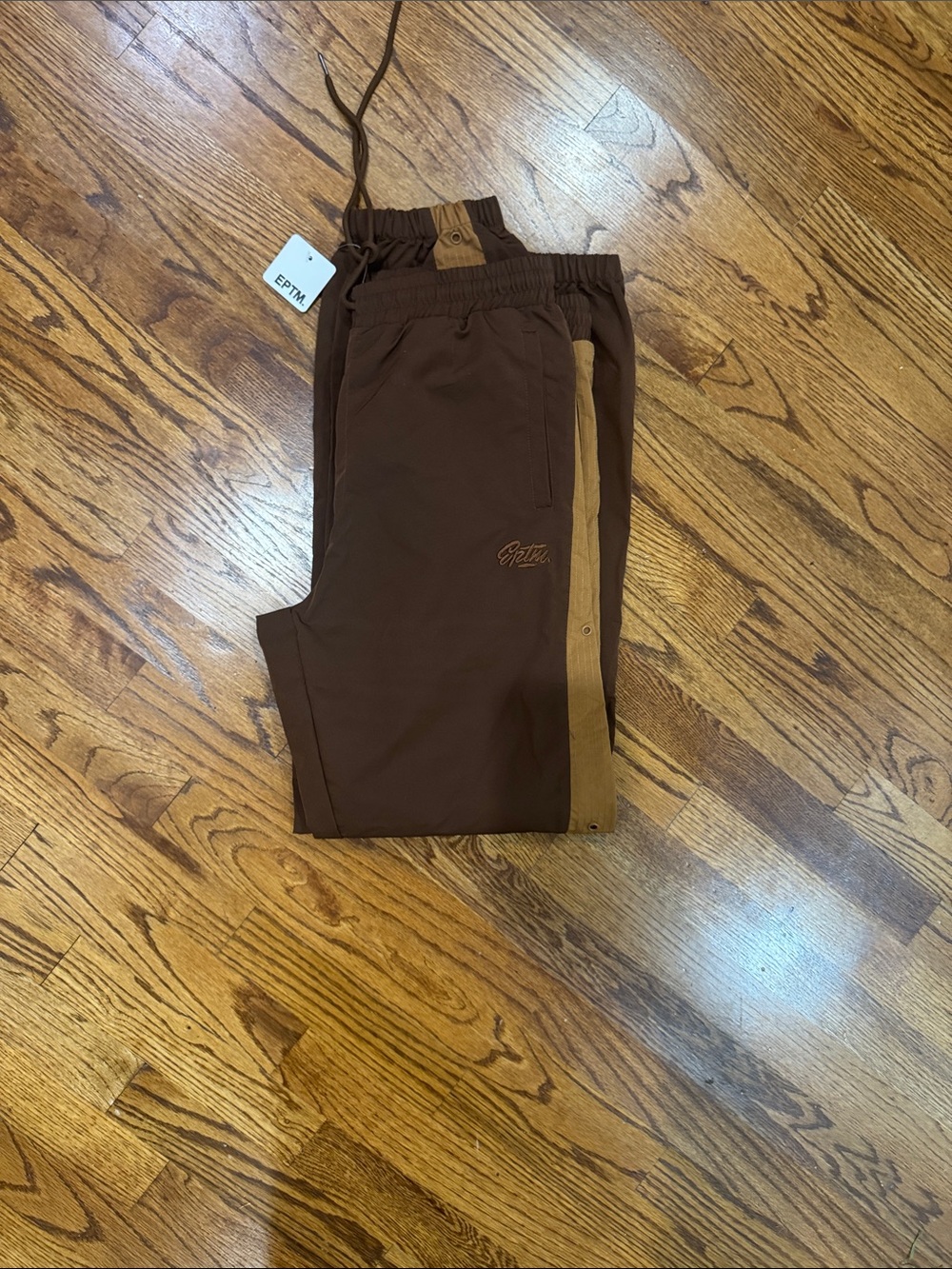EPTM Brown Snap-Button Track Pants with Tan Stripe Mens Size:S NWT